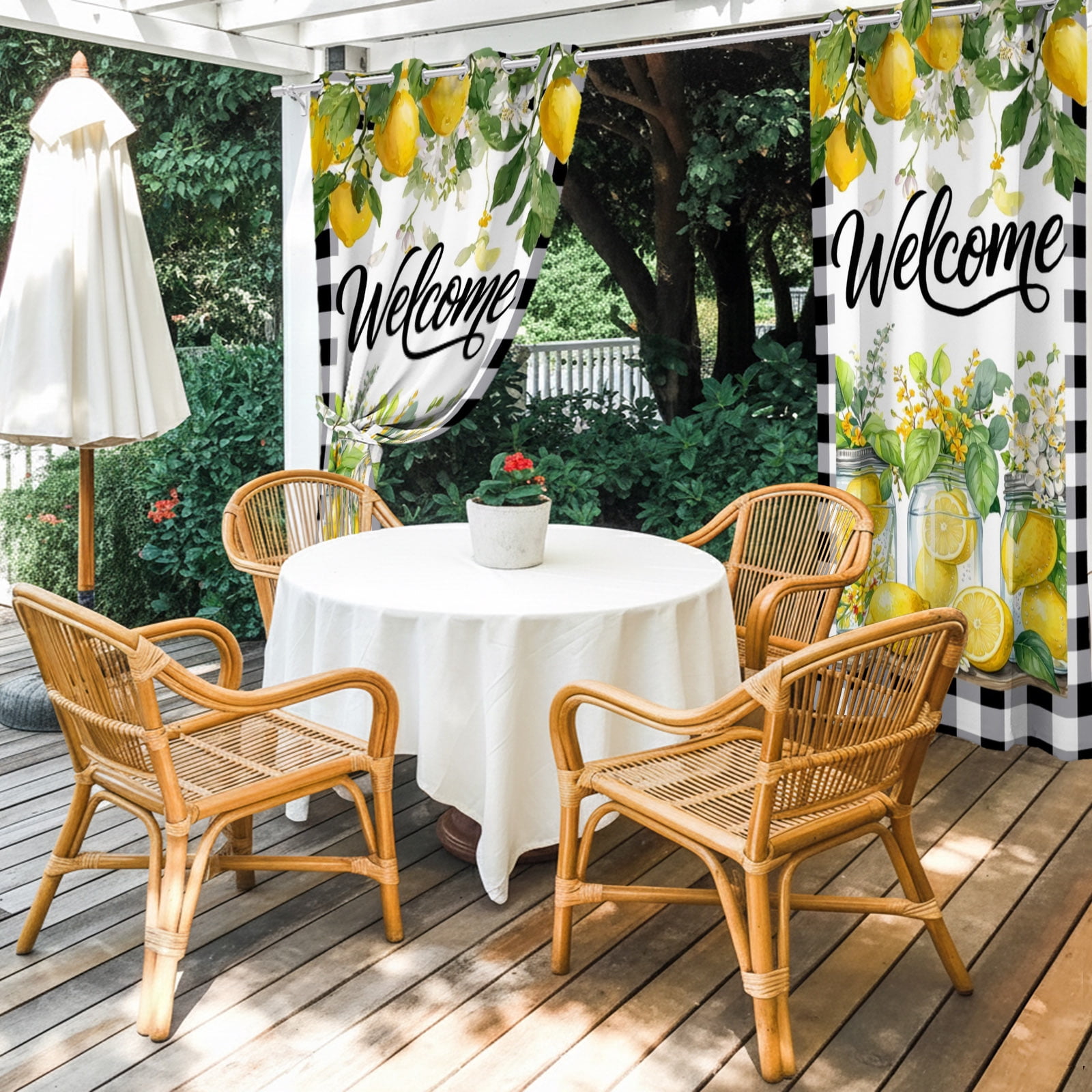 Yellow Lemons Outdoor Curtains for Patio, Welcome Summer Fruit Flower Botanical Black Plaid Sunshade Privacy Drapes Grommet Waterproof Outside Curtains for Porch/Cabana/Balcony 54"x 108", 1 Panel