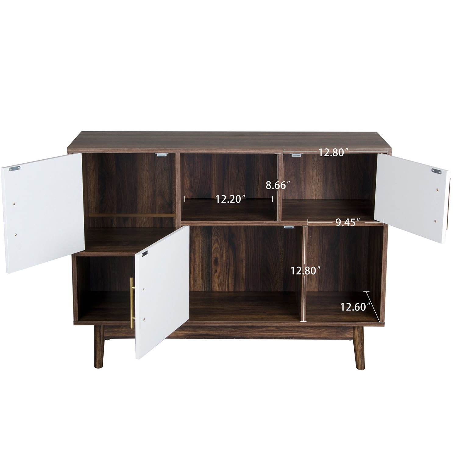 Private Jungle TV Cabinet Storage Organizer, 3 Cubes Wooden Storage Cabinet with 3 Doors, Floor Standing Accent Cabinet with Legs,Walnut+White