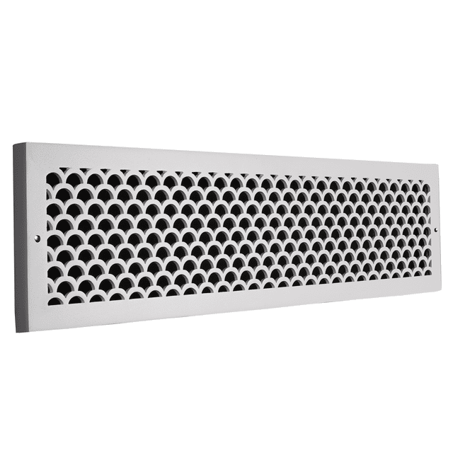 Scallop 6"x 28" Duct Opening Solid Cast Aluminum Baseboard Register Grill Vent Cover | Powder Coated| (Overall 8"x 30") for Wall-White with Screw Holes