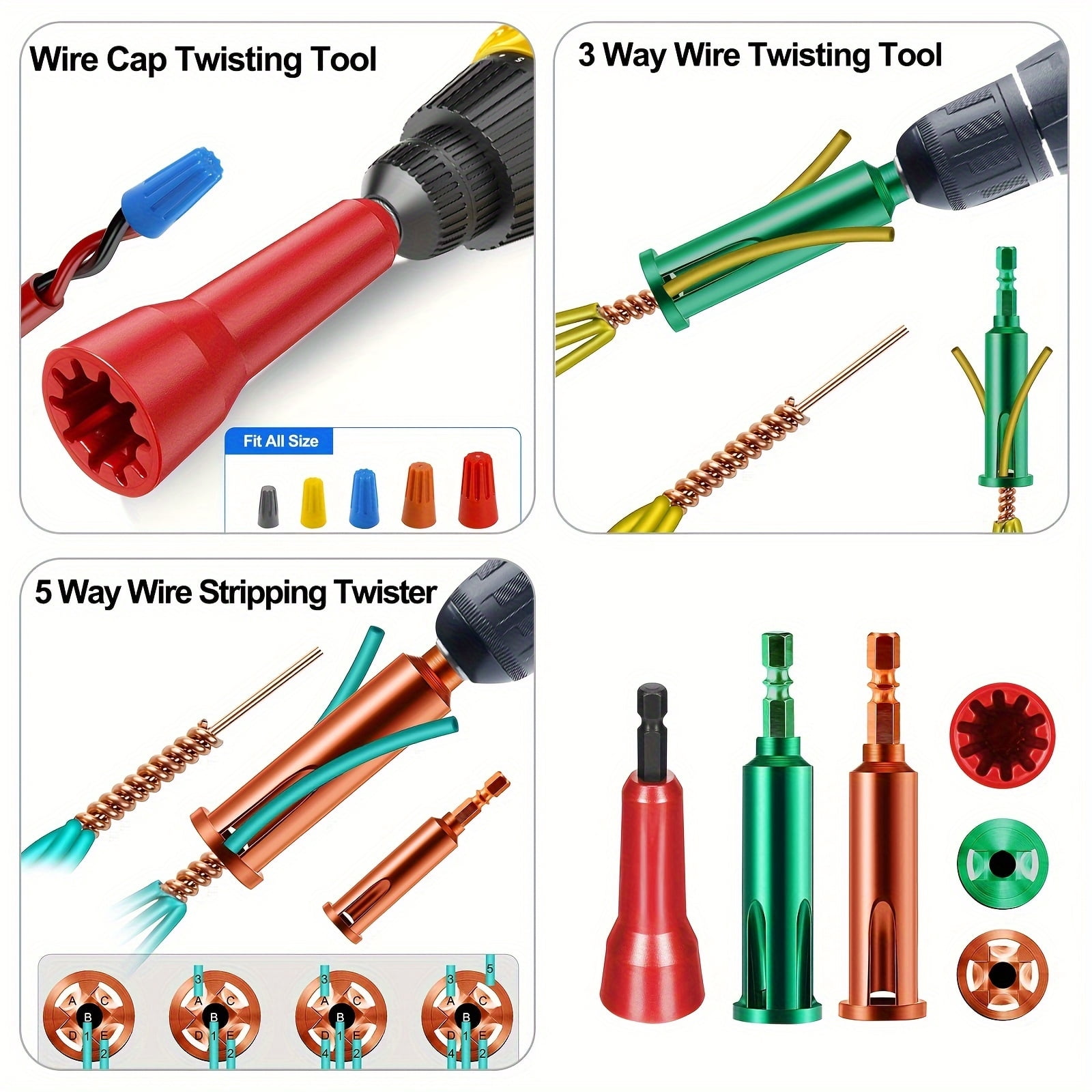 4-Piece Wire Stripper Twister Tool Set: Efficient Electric Wire Stripper Terminal Cap Sleeve, Wire Twister, 1/4in Hexagonal Handle Bit, Stripping Wire