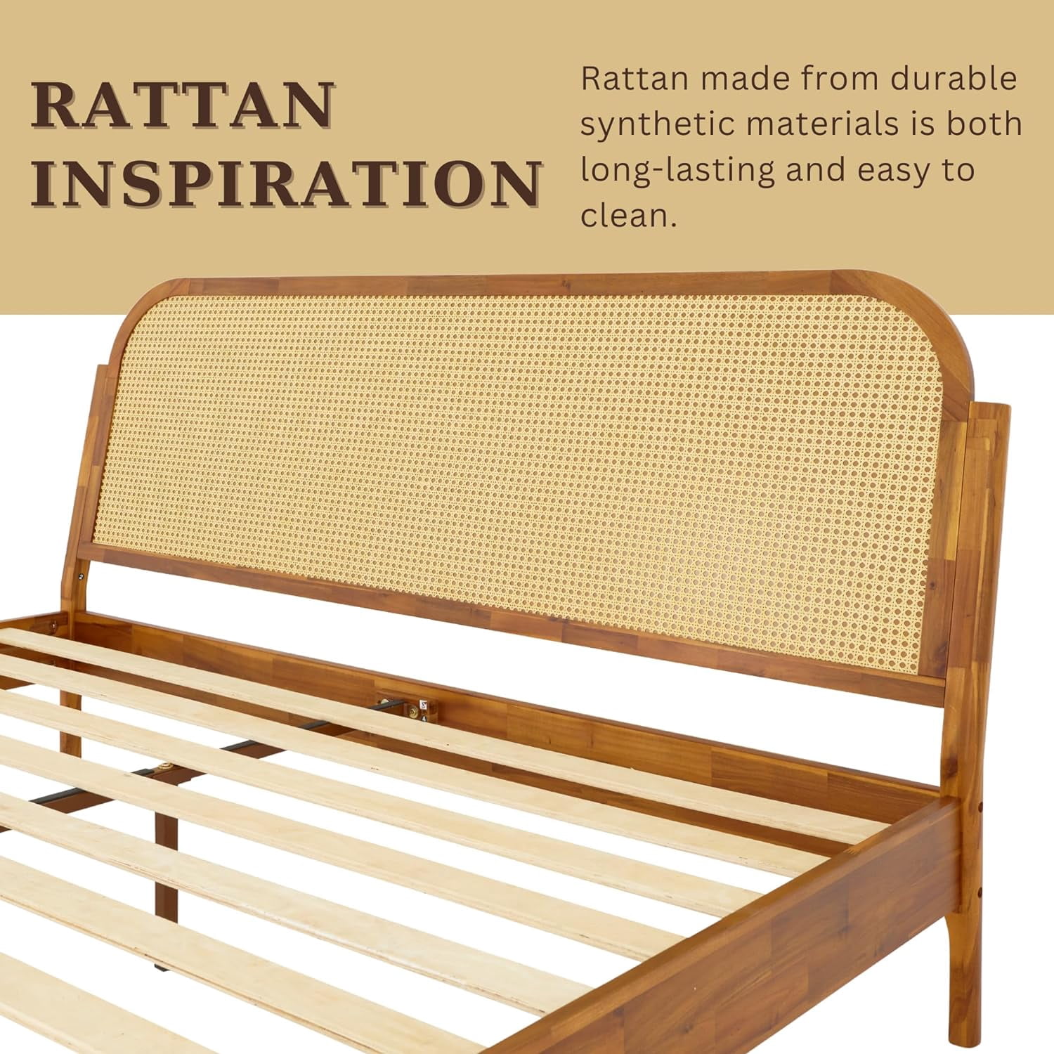 Aurelia King Solid Wood Bed Frame with Rattan Headboard - Bohemian & Mid Century Modern Style - Wood Slat Support - No Box Spring Needed - Easy Assembly - Caramel