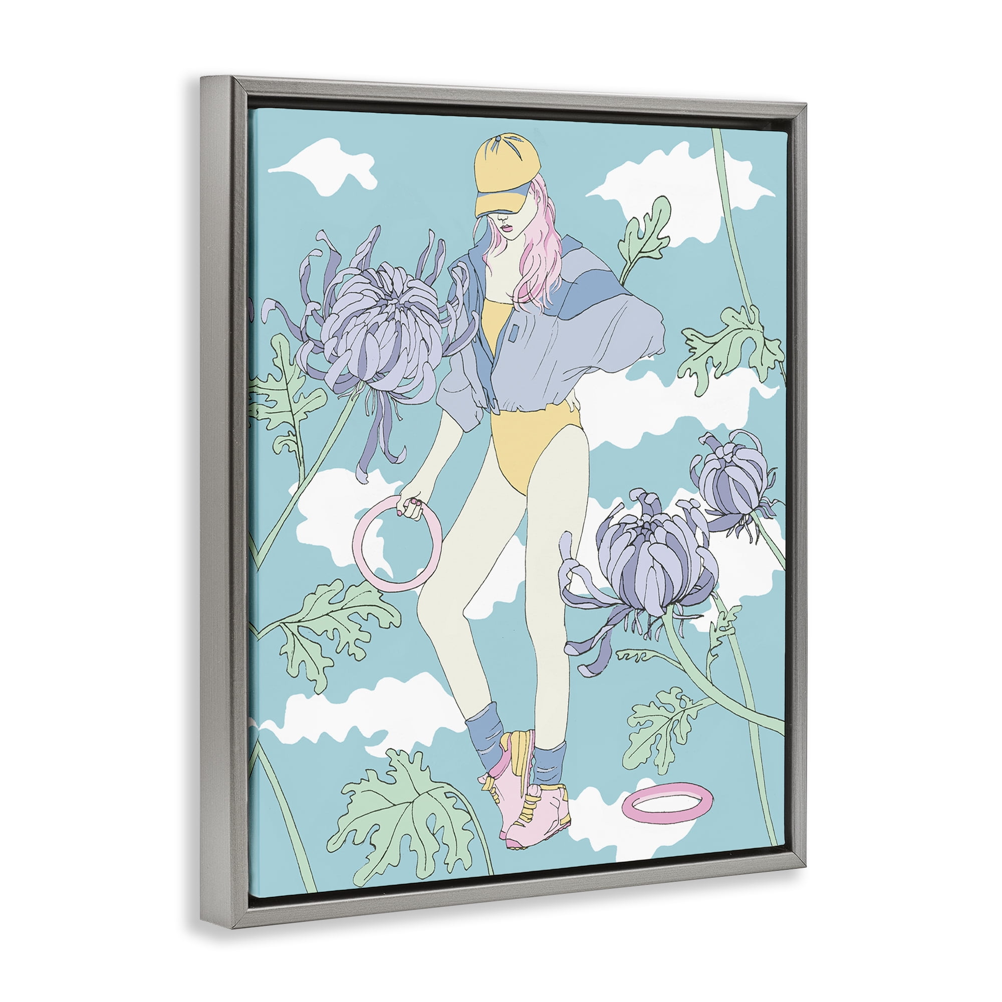 Stupell Industries Exercise Girl with Clouds People Painting Gray Floater Framed Canvas Art Print Wall Art, 17 x 21