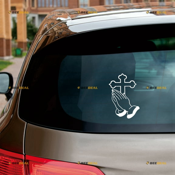 Praying Hands Jesus Cross Sticker Decal Vinyl God Christian - 2 Pack White 4" - For Car Boat Laptop Cup No Background Die-cut