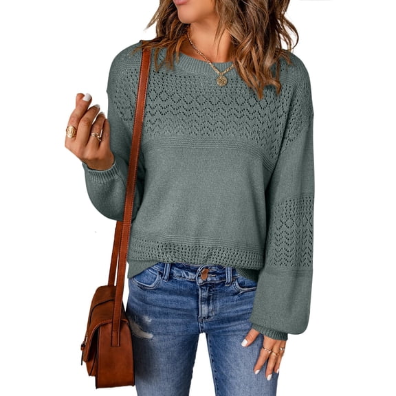 Eytino Womens Sweater Casual Long Sleeve Crewneck Lightweight Crochet Pullover Sweater Tops M