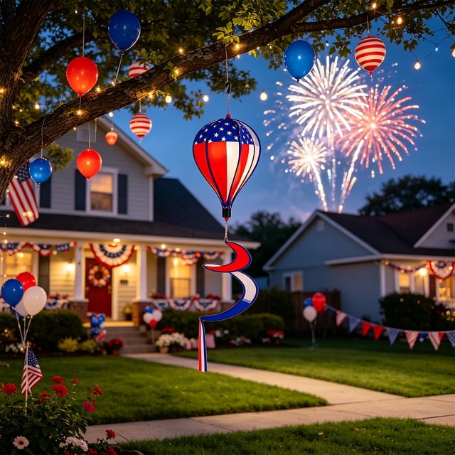 HCBY Montgolfière à Air Chaud Patriotique, Spinner à Vent, Thème de la 250e Fête de l'Indépendance avec Motif d'Étoiles et de Rayures Rouges, Blanches et Bleues, Tissu Durable Résistant aux Intempéries pour Déco de Porche