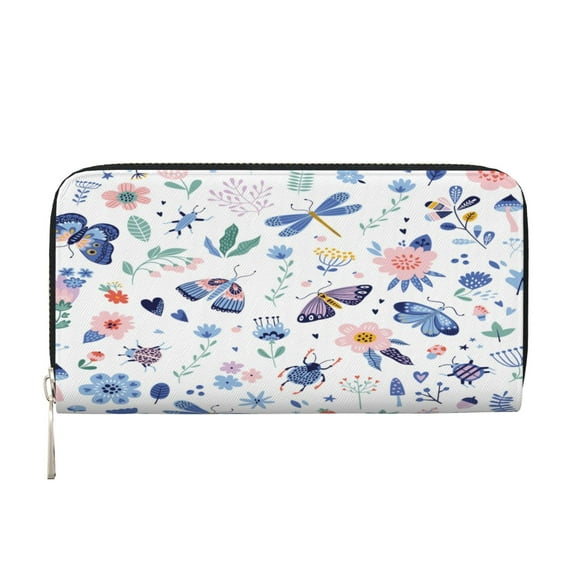 Leather Zipper Pocket Hand Wallet For Women And Men Travel Leather Purse Large Capacity Credit Card Holder Rustic Flowers Cottage Butterfly Dragonfly