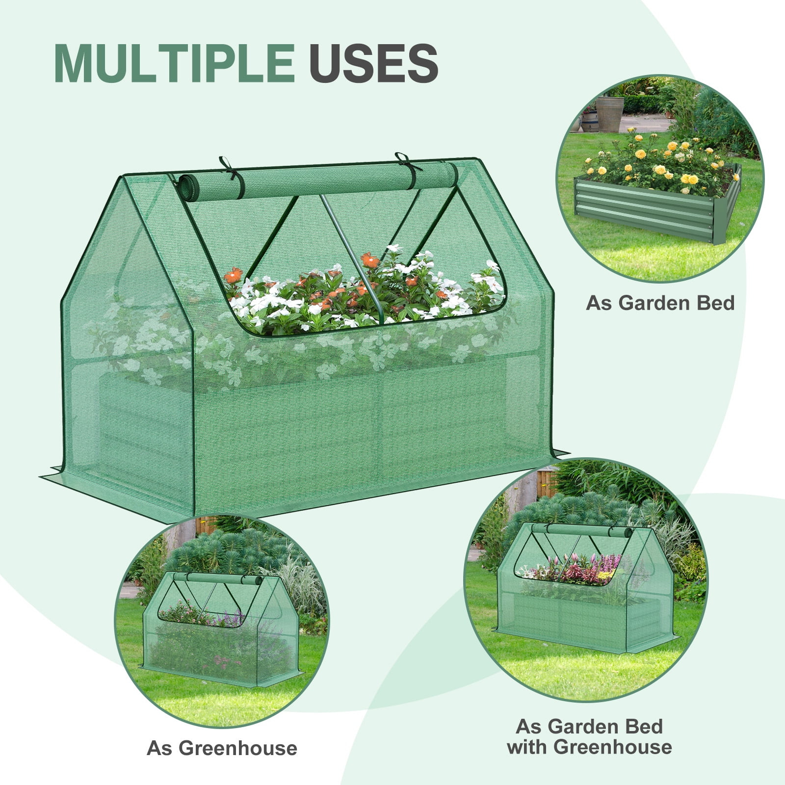 Aoodor Raised Garden Bed Kit, 4x2x3 ft Galvanized Planter Box with PE Cover, Screen Windows for Gardening, Green