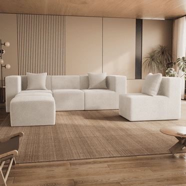 BEHOST Beige Modular Sectional Sofa, 130" Oversized U Shaped Couch with 27.5" Deep Seats, Convertible Comfy Sectional Couches for Living Room, 6-Piece Chenille Cloud Sofa Set with Ottomans & Pillows