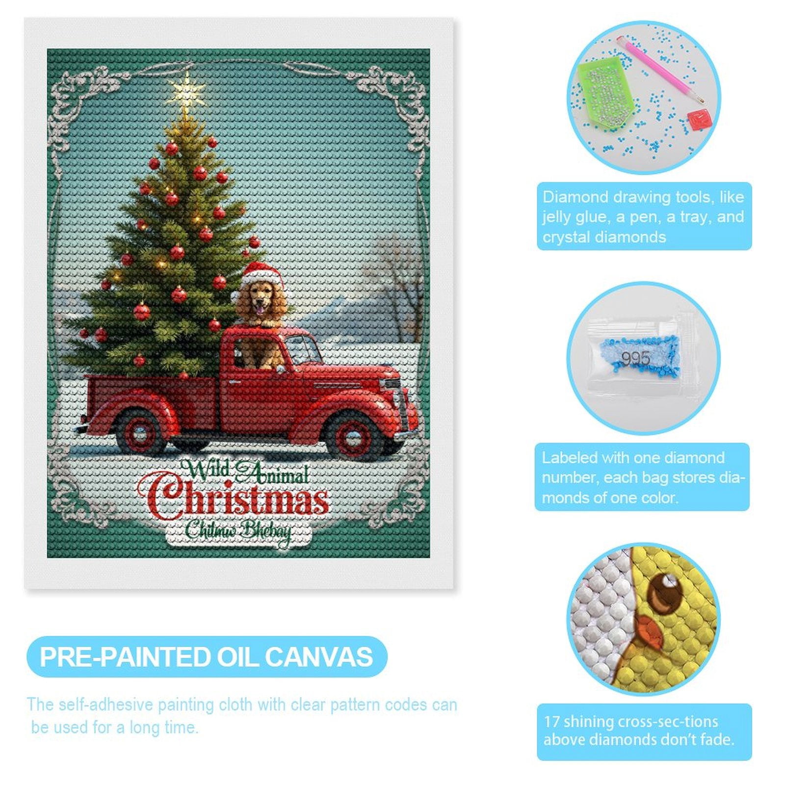 Diamond Art Kits for Adults, Dog Christmas Tree Red Truck Snow 5D Diamond Painting Kits for Adults Beginners, DIY Full Drill Diamond Painting, Gem Art and Crafts 12x16