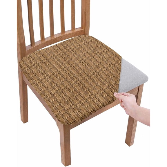 Vintage Rattan Seat Covers for Dining Room Chairs Covers, Office Chair Seat Cover, Minimalist Abstract Wicker Texture Brown Chair Slipcovers Stretch Cushion Protector for Kitchen Banquet Set of 6