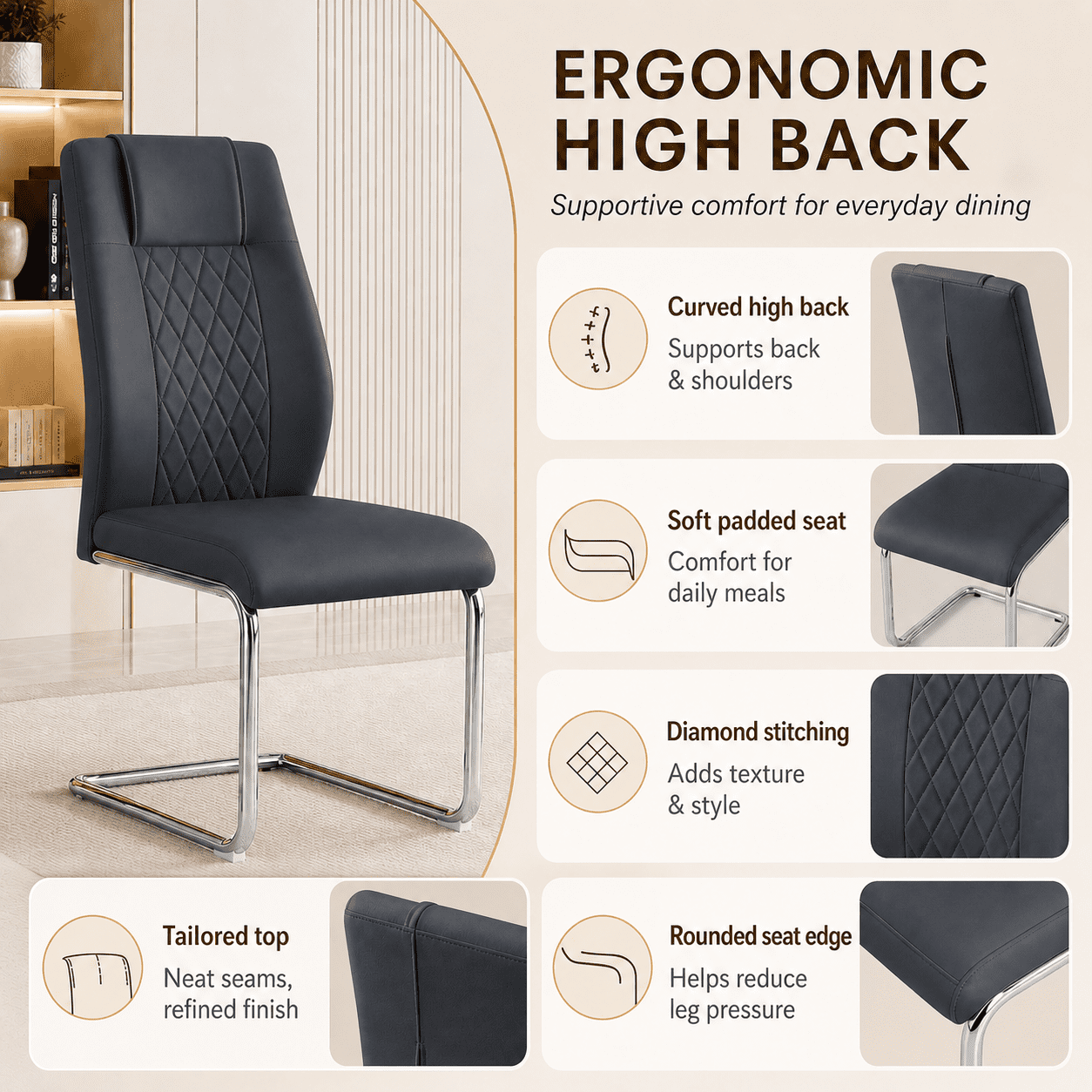 JUFU Modern Black Dining Chairs Set of 4, Faux Leather High Back with Chrome Legs