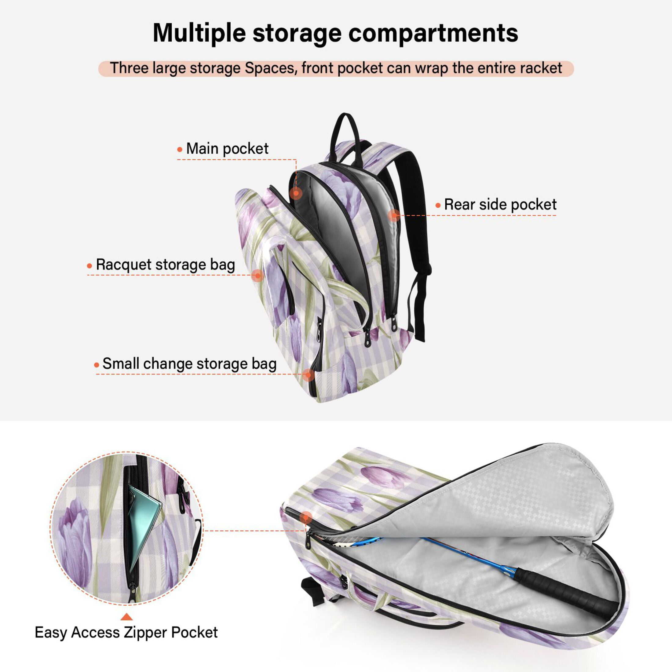 2 Racquet Holder Tennis Backpack Tennis Racket Covers Gym Bags Beautiful Pinkish-purple Tulips