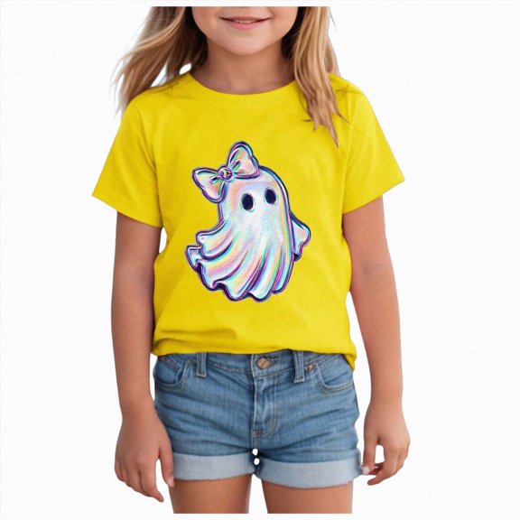 newwalpole Halloween Shirt Toddler Let's Go Ghouls T-Shirt Boys Girls Ghost Tee Tops,Halloween Tshirts Kids,Cute Ghost T Shirt,Fall Pumpkin Short Sleeve Tops(Yellow,1-2 Years)