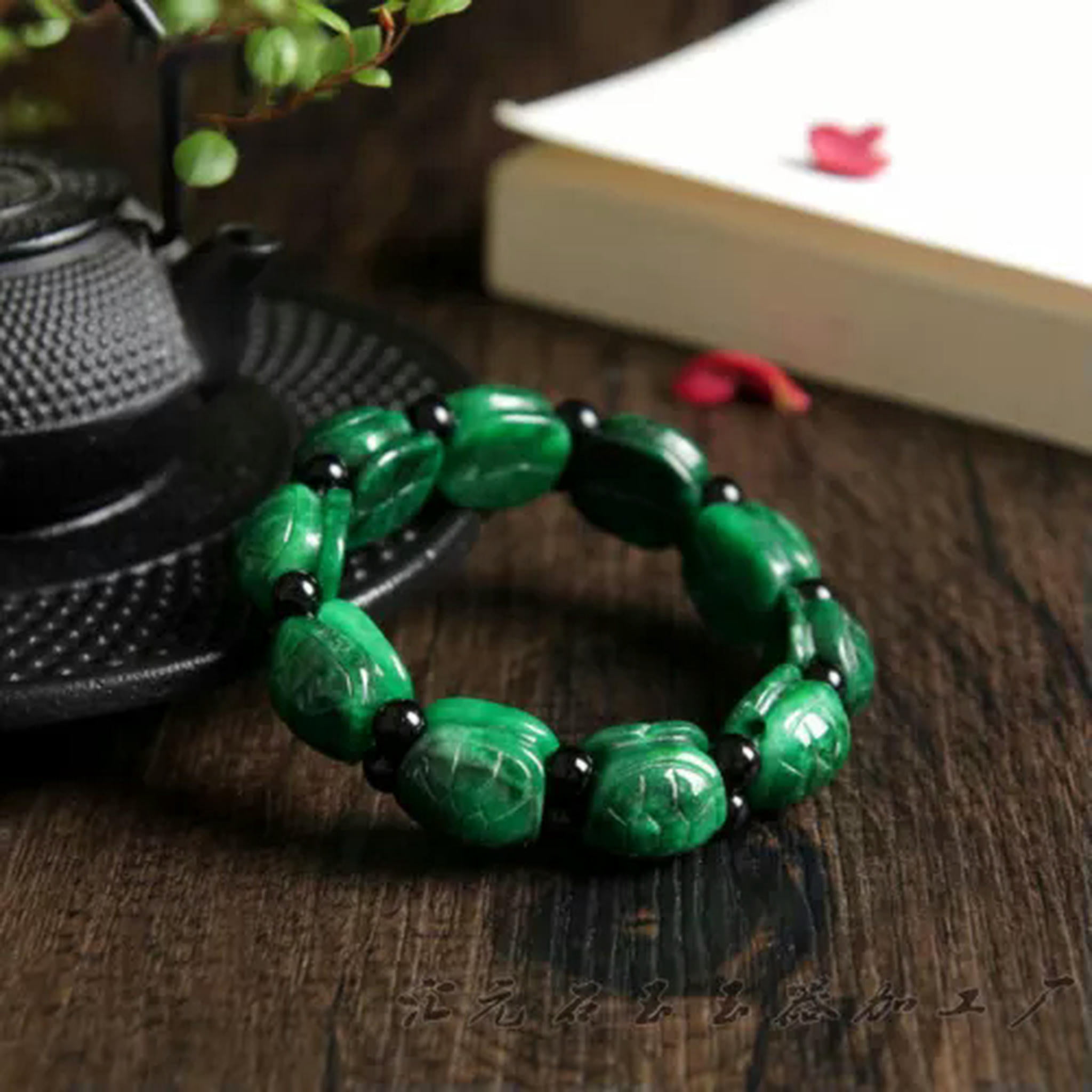 EOEMY Natural Jade Jadeite Bangle Women Lucky Green Turtle Shell Beaded Bracelet
