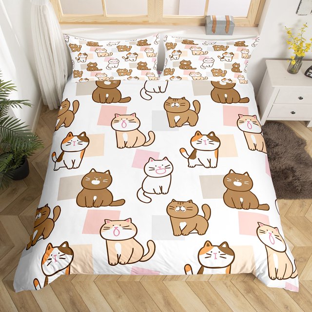 YST Funny Cat Bed Set Brown Kitten Duvet Cover for Kids Toddler Teen
