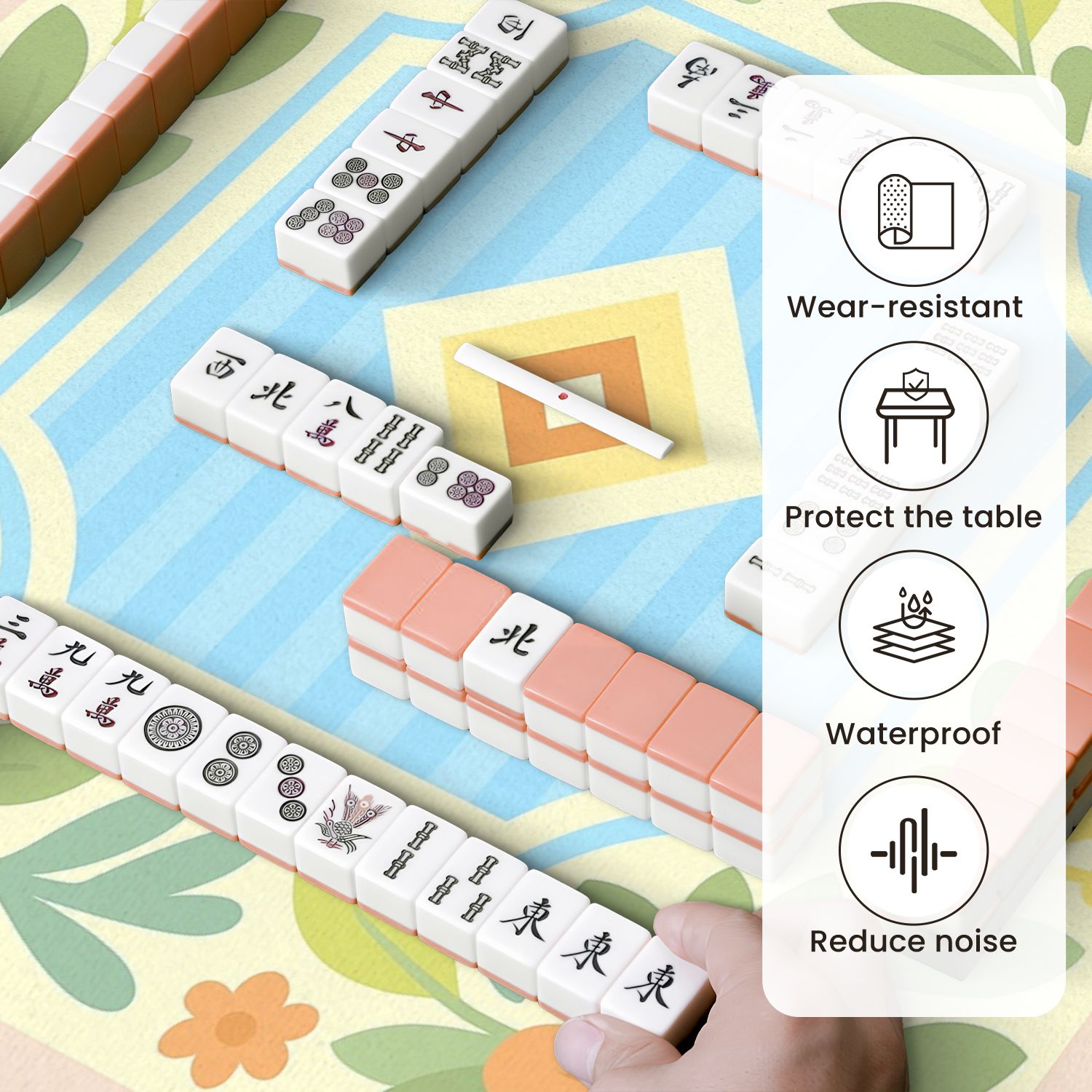 Mahjong Mat 31.5" x 31.5" Floral Soft Pastels Geometric Centerpiece Anti-Slip and Noise Reduction Symmetry Design Mahjong Tiles Table Cover for Dominoes Poker Card Board and Tile Games