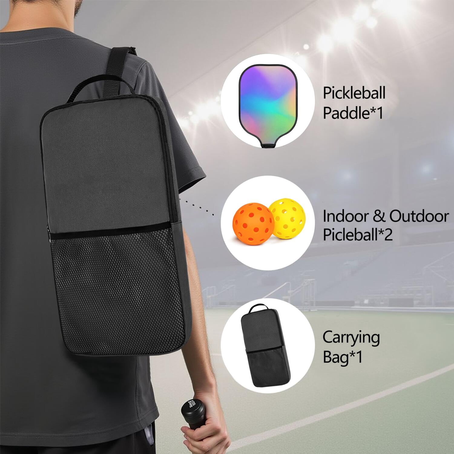 Pickleball Paddles Set Of 1, Fiberglass Surface, Neon Fluid Print, 1 Paddle, 2 Balls & Bag