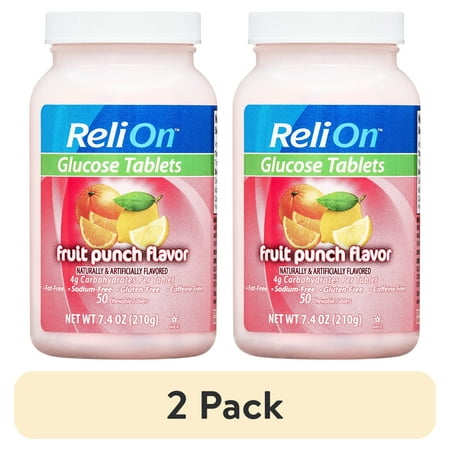 (2 pack) ReliOn Glucose Tablets, Fruit Punch Flavor, 50 Count