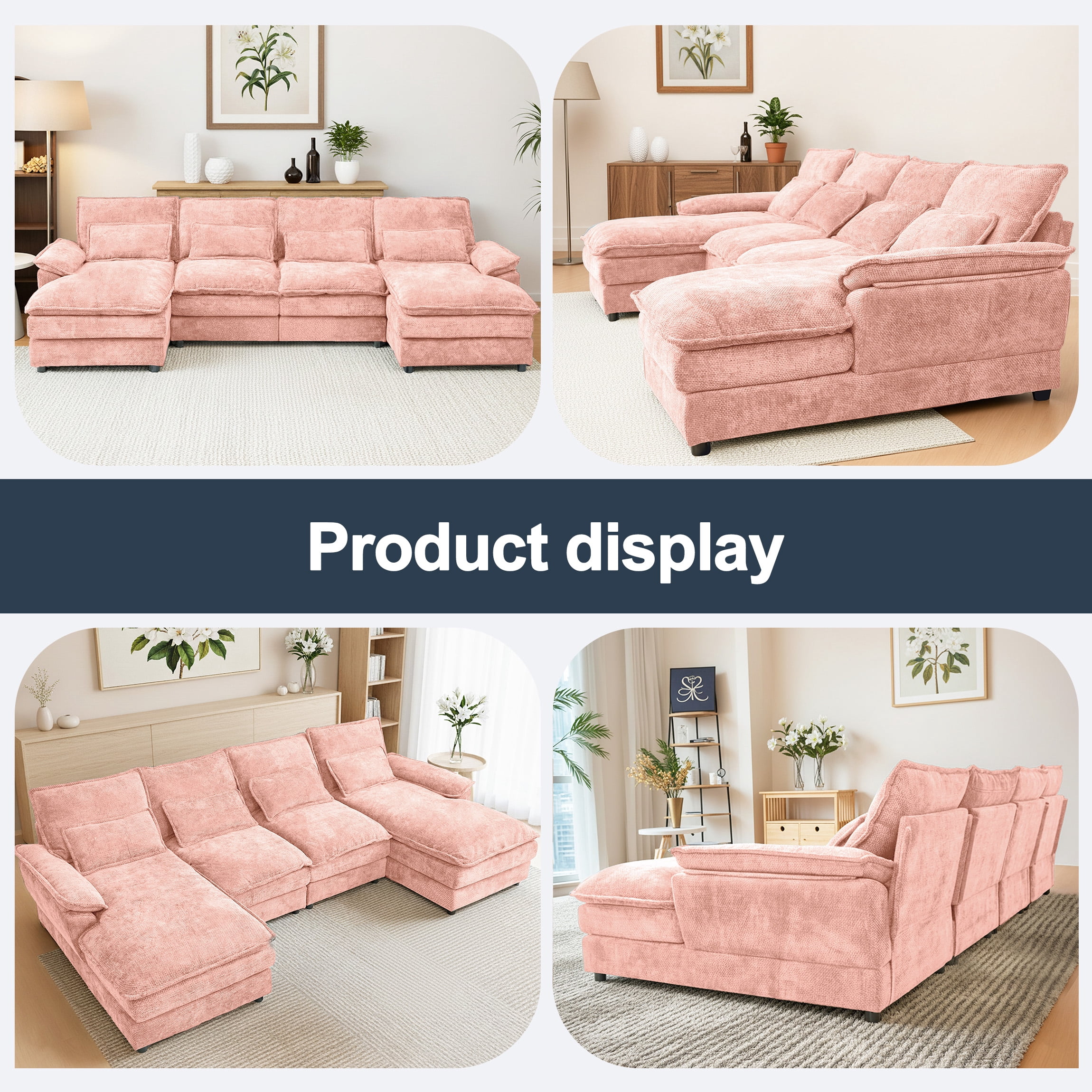 SEENYOO 110.24" U-Shaped Couch, Cloud Modular Sectional Sofa with Chenille Fabric, 4-Seat Comfy Couch for Living Room,Pink
