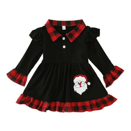 

Rovga Toddler Girls Flare Sleeve Christmas Ruffles Plaid Santa Prints Princess Dress Cute Casual Dress