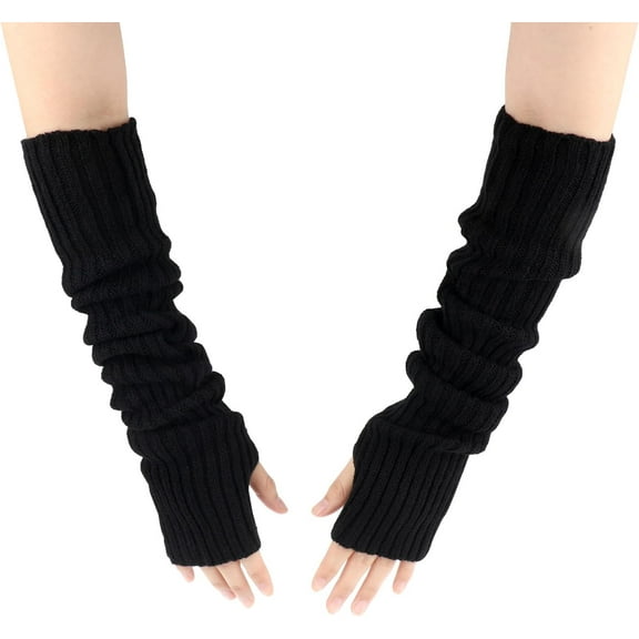 Black Arm Warmers Winter Fingerless Mitten Gloves, Long Arm Sleeves, Stretchy Knit Arm Gloves for Women Girls