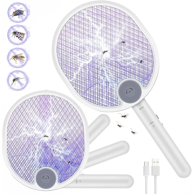 Raqueta eléctrica para insectos, raqueta eléctrica para mosquitos de 3000 V, matamoscas eléctrico, recargable por USB, con protección de malla de 3 capas, soporte de pared para uso en interiores o exteriores Rojo Verde