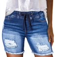 thumbnail image 3 of vigerkar Women Jean Shorts Stretchy High Waisted Frayed Raw Hem Denim Shorts Dark Blue, M, 3 of 9