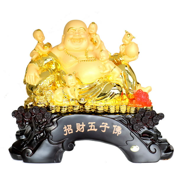 Golden Happy Money Buddha with 5 Children and Money Frog