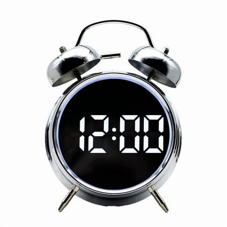 Digital Small Alarm Clock, 4.3 Inch Double Bell Electronic LED Alarm Clock, Plug in or Battery Operated Silent Metal Table Clock, Bedside Loud Bell Clock for Heavy Sleepers Adults Kids (Silvery)