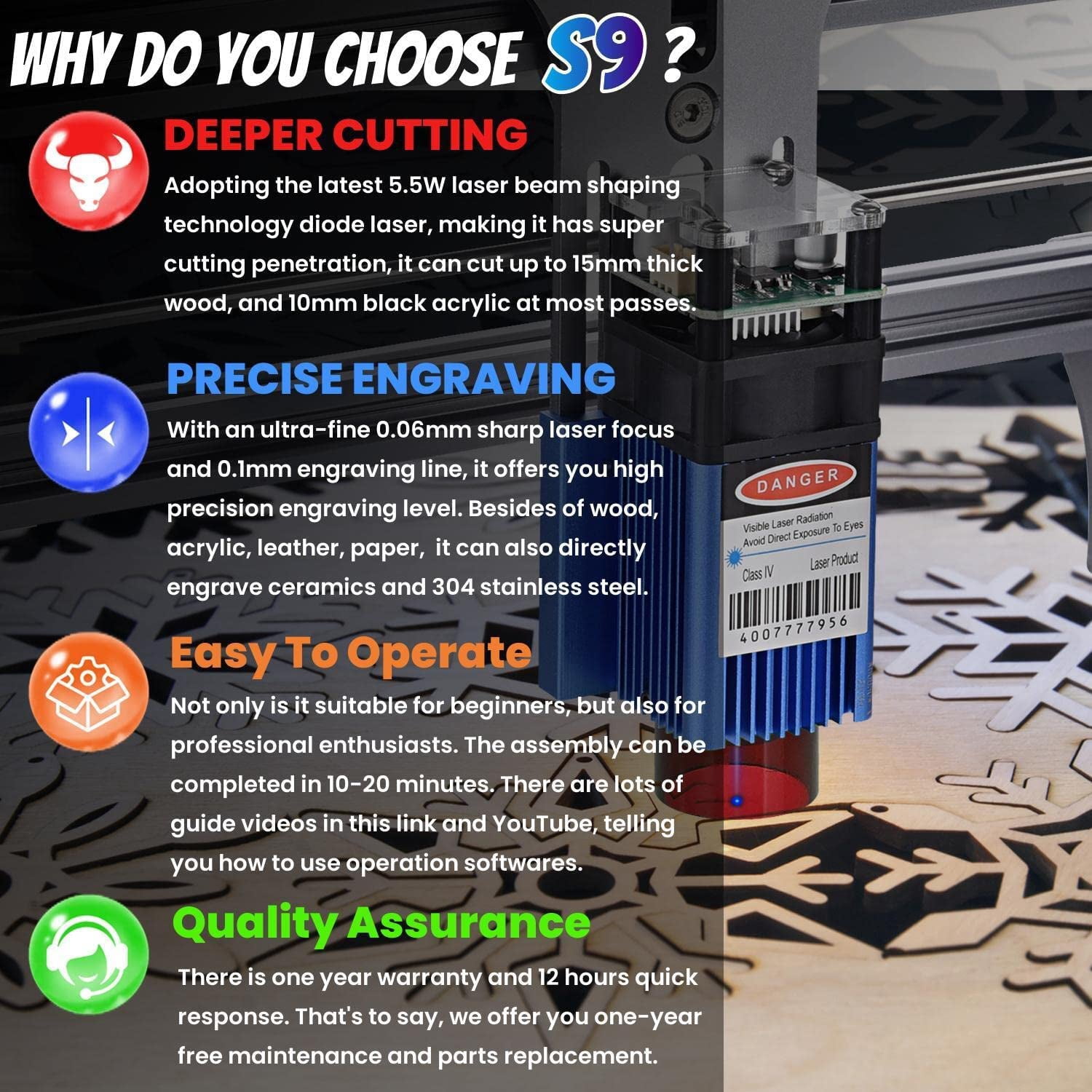 SCULPFUN S9 Engraver, 90W Engraving Machine with Ultra-Thin Compressed Spot, 5.5W Output Diode Cutter for Making Festival Decorations, Desktop DIY Tool for Cutting & Carving