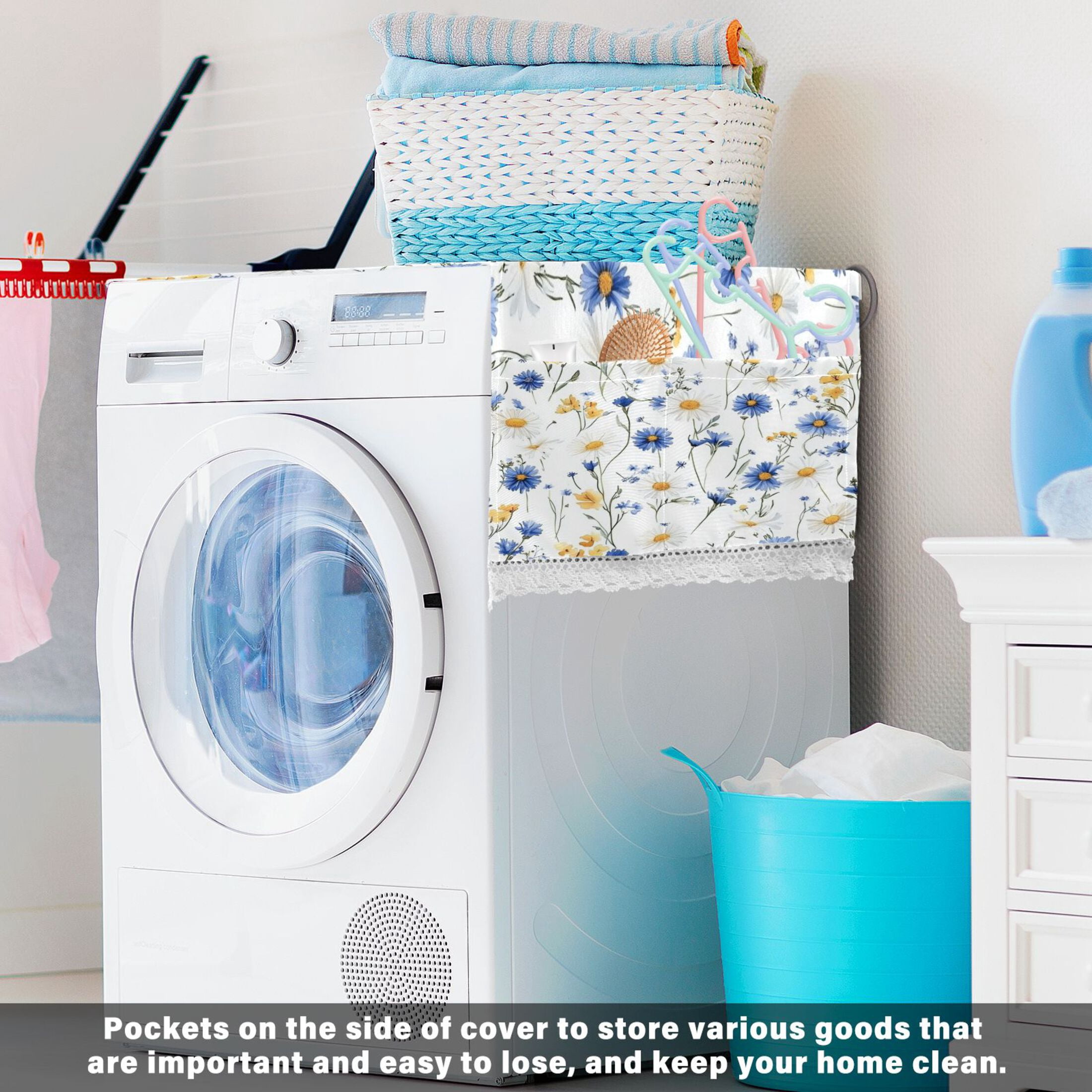 Dustproof Washing Machine Cloth Washer and Dryer Top Covers, Fridge Dust Cover, With Storage BagsBlue and Yellow Wildflowers