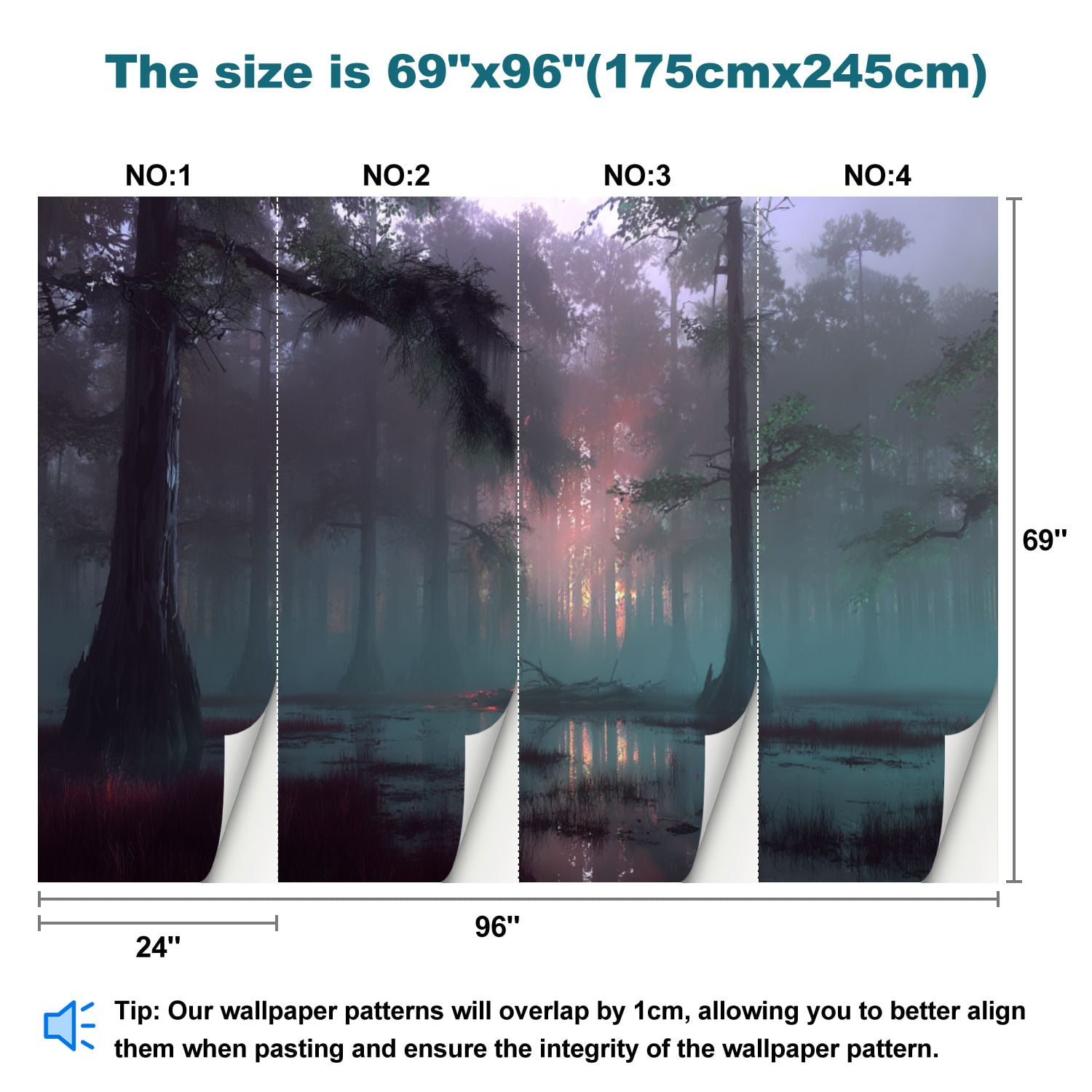 Peel and Stick Wallpaper Dark mystical forest swamp foggy dawn dusk Modern Art Wall Mural Decor Self Adhesive and Removable 69in x 98in