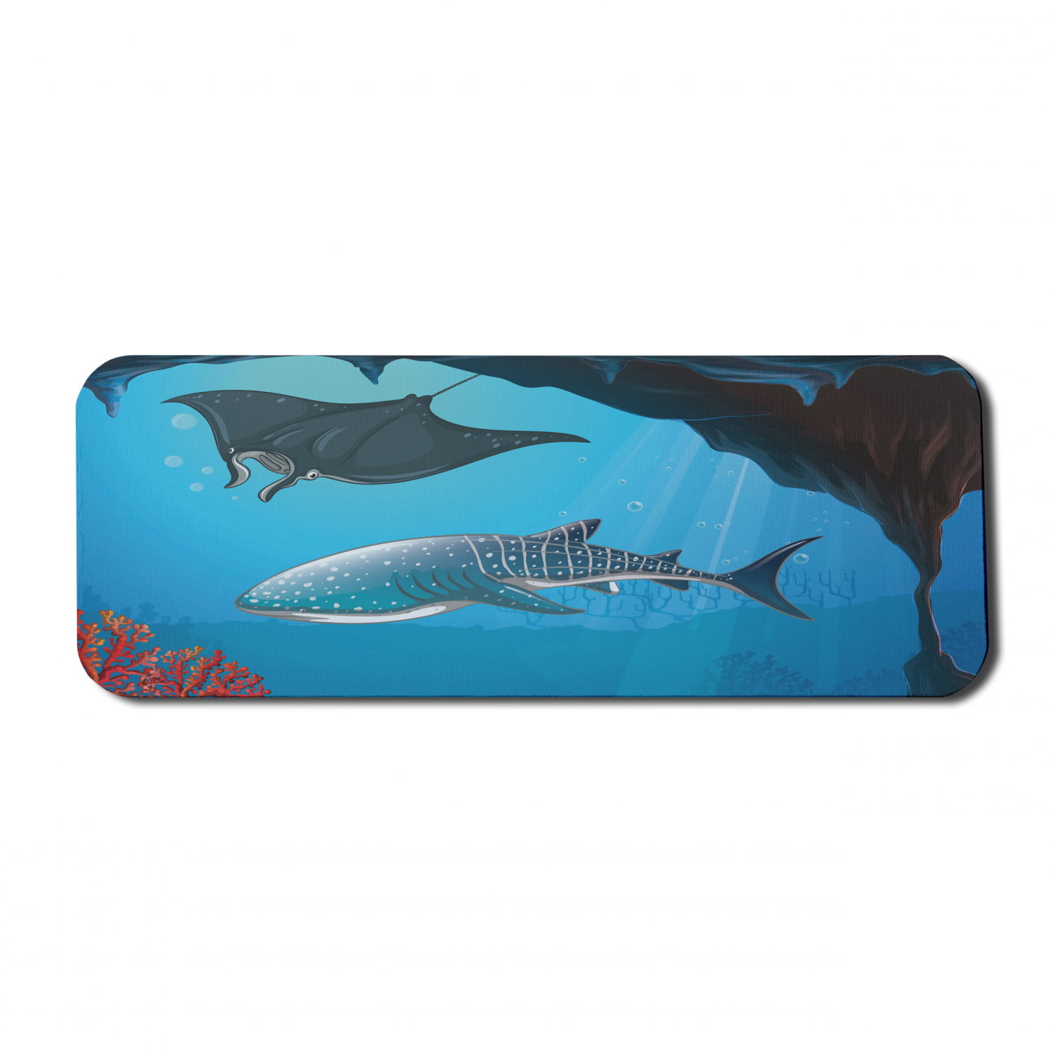 Shark Computer Mouse Pad, Mammal Deep Water Stingray Coral Reefs Algae  Rocky Cave Exotic Cartoon Style Art, Rectangle Non-Slip Rubber Mousepad  Large, 31