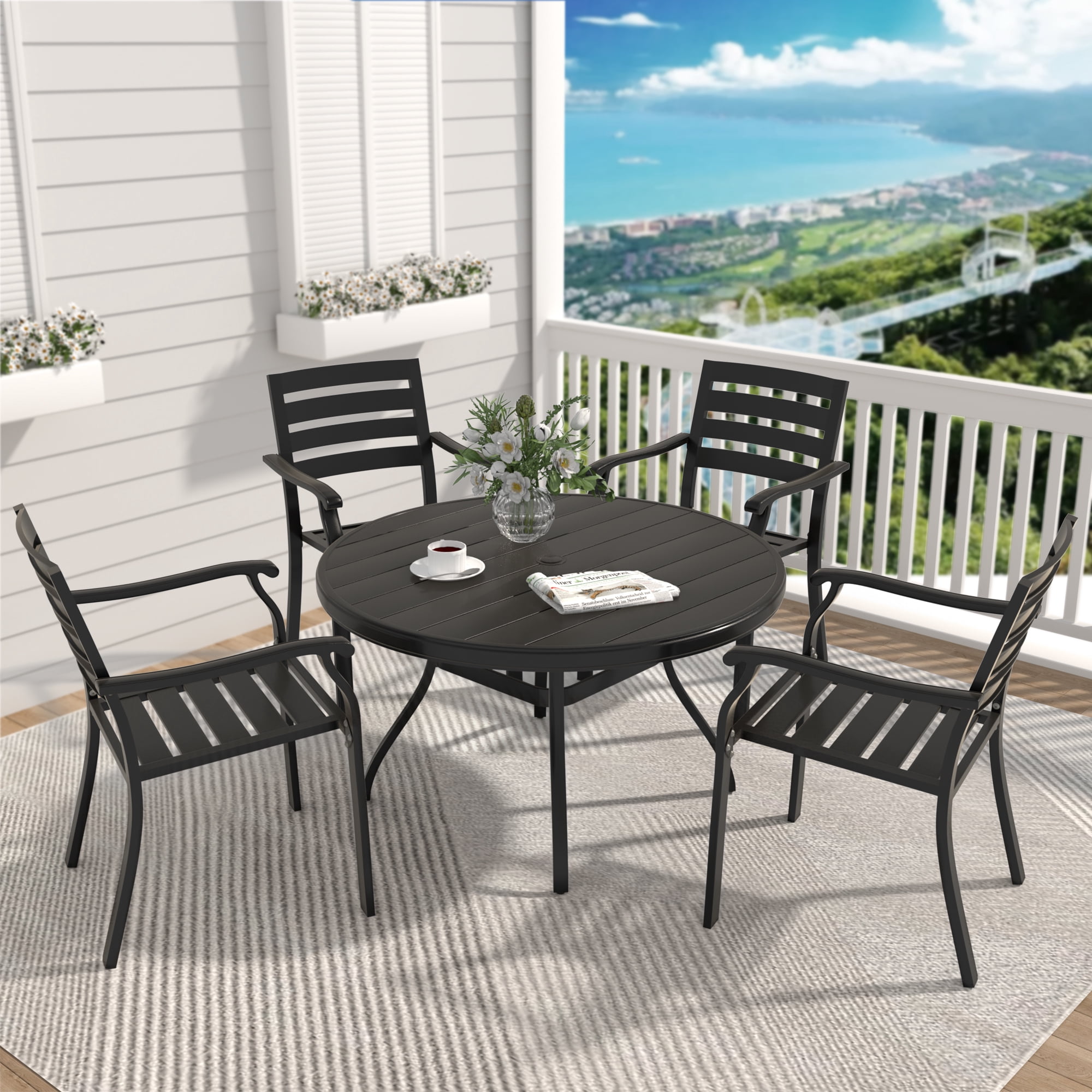 Outdoor Round Patio Dining Table for 4-6, All Weather Metal Dining Table with Umbrella Hole for Deck Lawn Garden Backyard