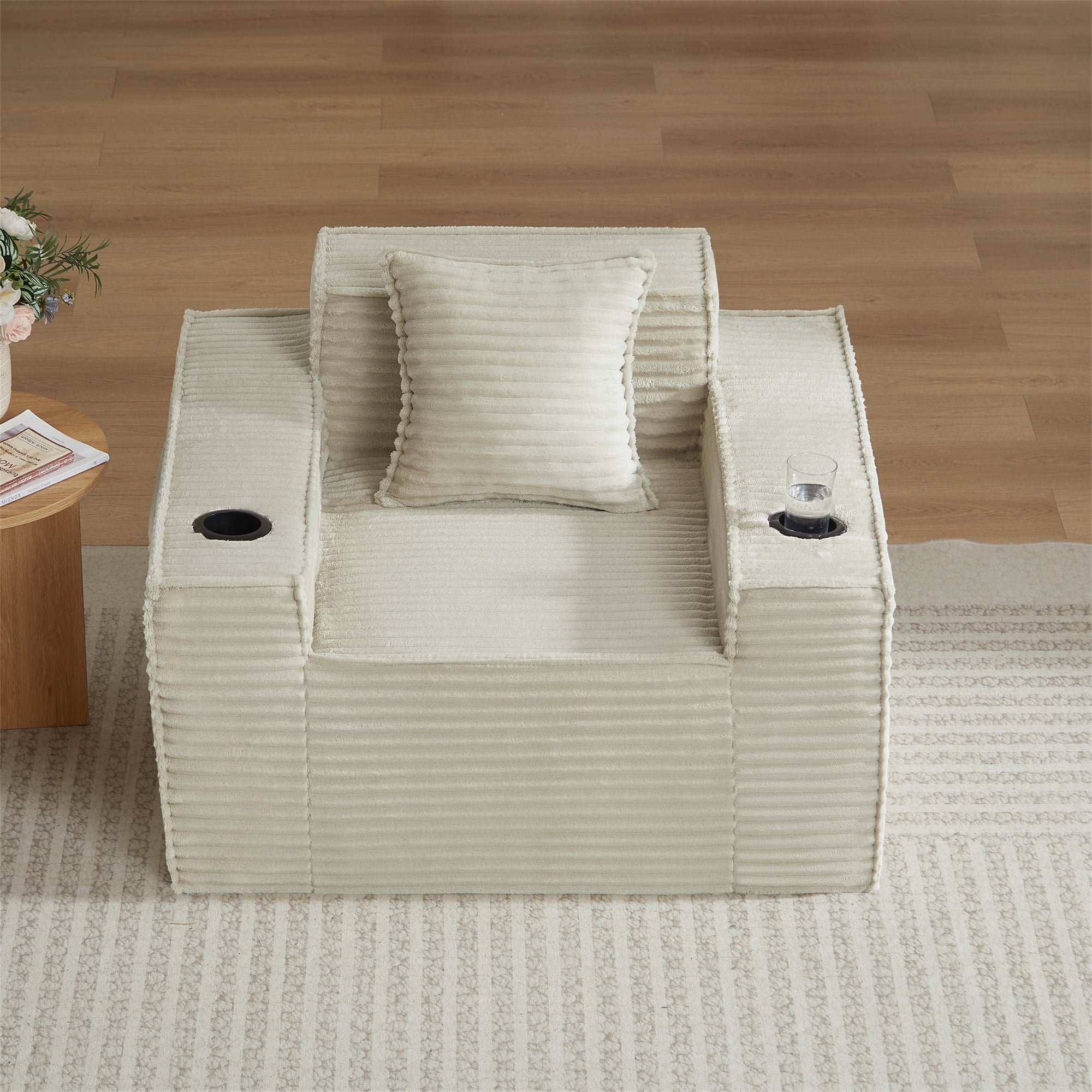 Aukfa 3 Piece Boneless Couch Set, Cloud Sofa Armchair w/ 2 Cup Holders&Storage Pockets for Living Room, Corduroy, Camel