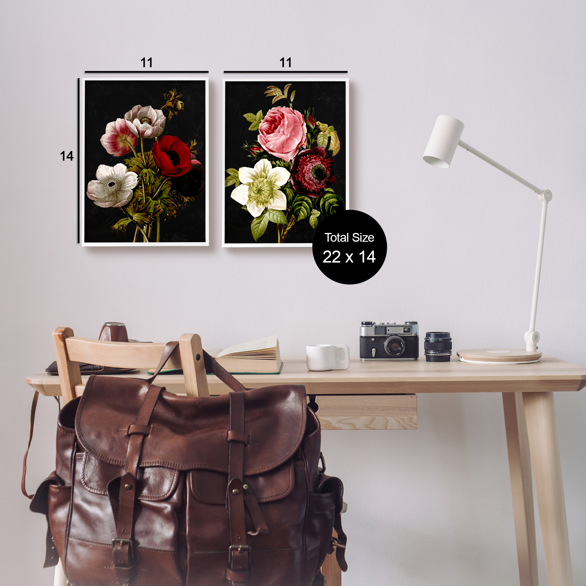 Stupell Industries Vintage Blooms on Black Botanical & Floral Painting White Framed Art Print Wall Art, 11 x 14, Set of 2