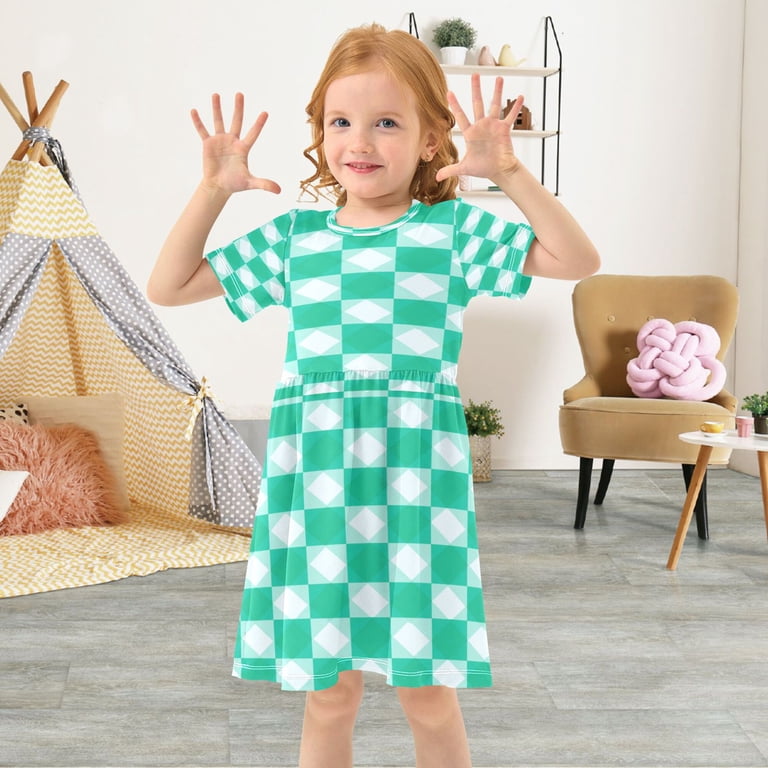 emerald green dress toddler Girls Short Sleeve Summer Dress, Cute Casual Print for Girls 2-8 Years, Soft Breathable Comfortable Daily Beach Party Dress Squares harvestdawn26