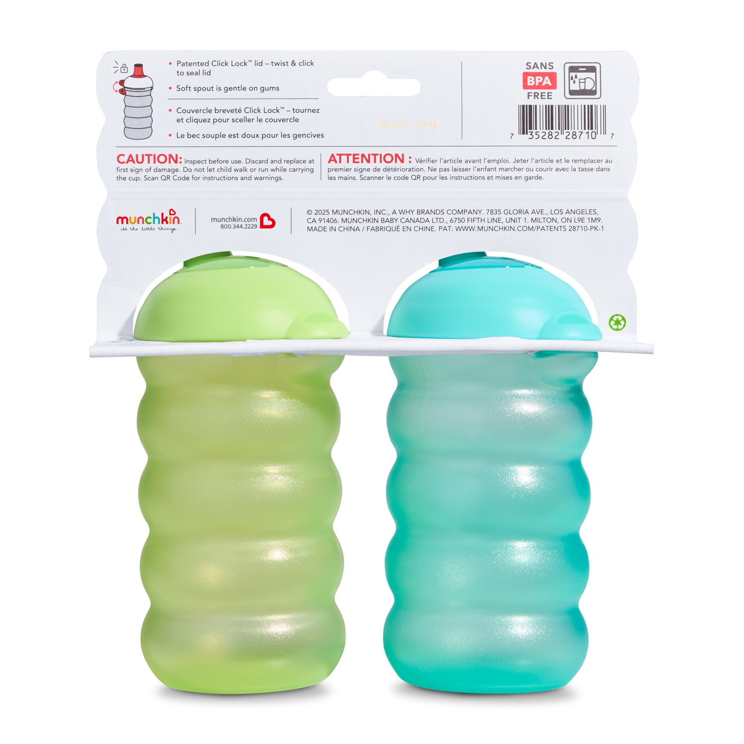 Munchkin Click Lock Toddler Sippy Cups, Spill Proof Sippy Cup for 9 Months Old and Up with Soft, Bite Proof Spout, 10 Ounce, Blue/Green, 2 Pack, Unisex