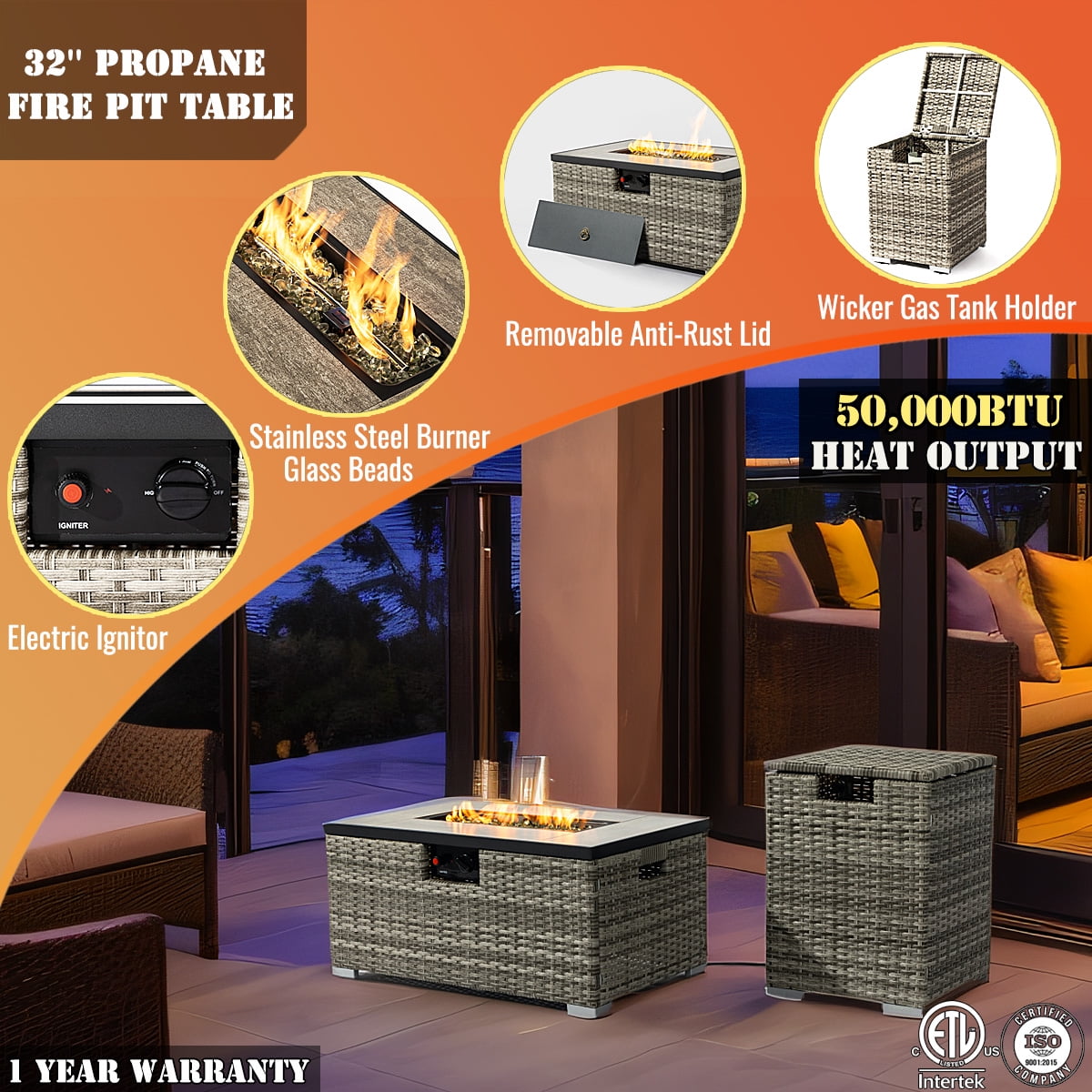 AJ Enjoy 32'' Propane Fire Pit Table, Marble Textured Ceramic Tabletop, 50,000 BTU Fire Table with Gray Wicker, Mix Color Glass Rocks, Including Lid&Cover