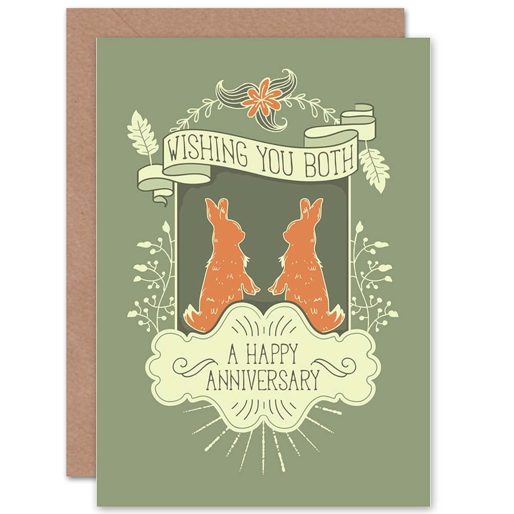 Happy Anniversary Rabbits Green Greetings Card Plus Envelope Blank ...
