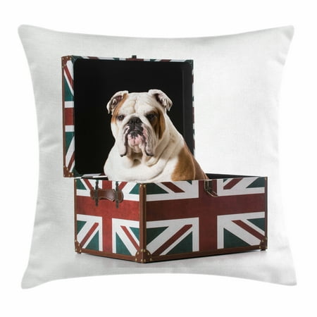 Union Jack Cushions (English Bulldog Throw Pillow Cushion Cover, Cute Bulldog Sitting in Union Jack Britain Themed Box Patriotic Design, Decorative Square Accent Pillow Case, 18 X 18 Inches, Multicolor, by)