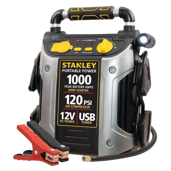 STANLEY J5C09 1000 Peak Amp Automotive Jump Starter, Portable Power â 2.1A/10W USB Port, 12V Outlet, 120 PSI Air Compressor for Tires, Bikes & Sports Equipment