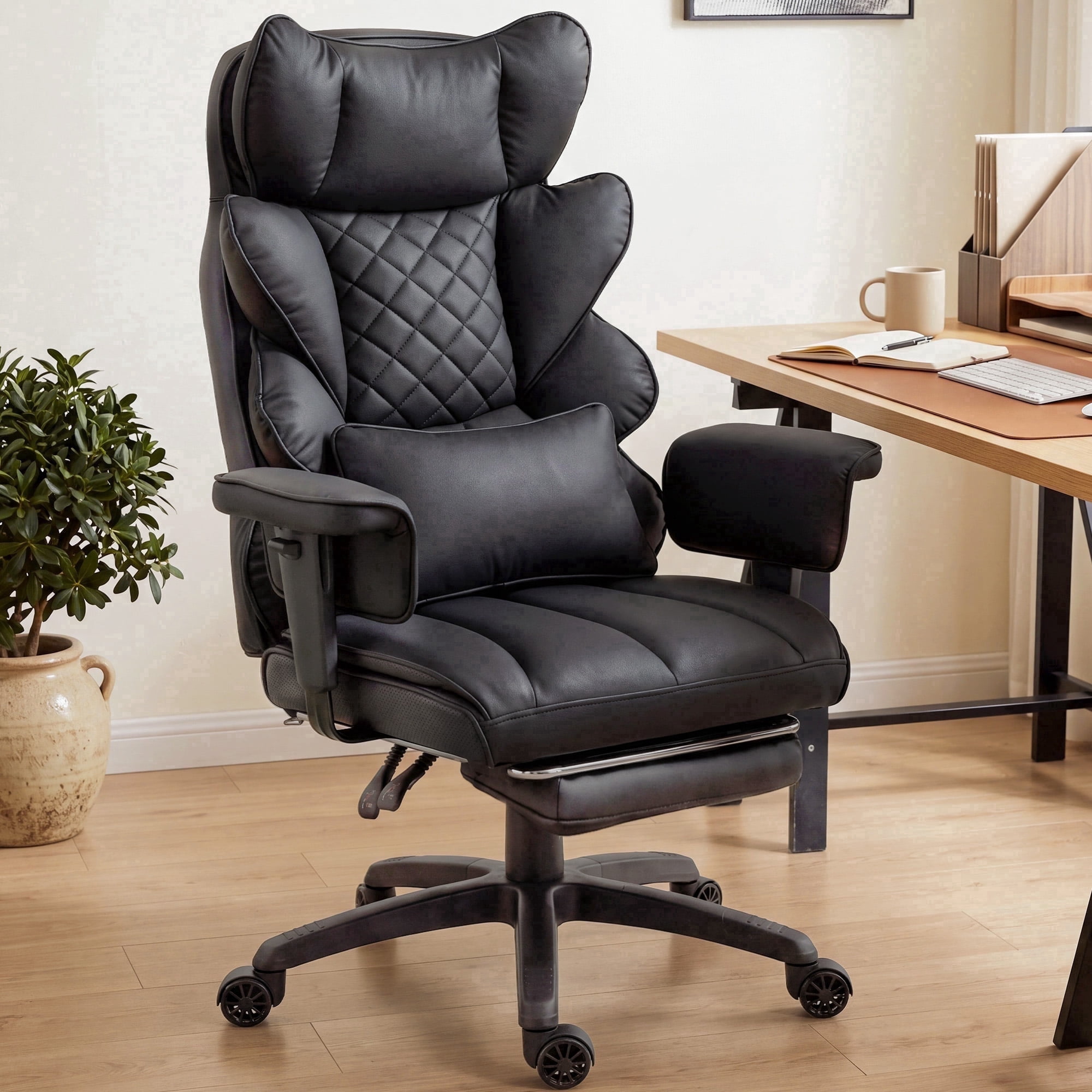 Ultifit Big and Tall Office Chair PU Leather, Executive Chair with Footrest, High Back Desk Chair with Lumbar Support, Ergonomic Computer Chair, Black