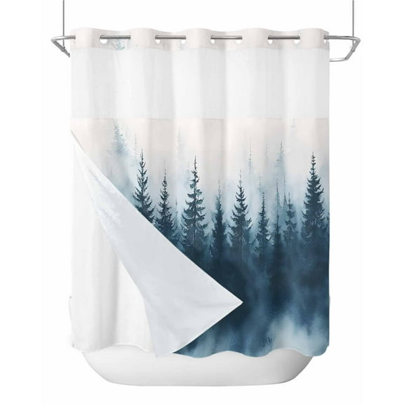 No Hook Shower Curtains with Snap in Liner, Blue Ink Ombre Forest Waterproof Fabric Shower Curtain, Watercolor Tree Abstract Art Double Layers & See-Through Top Window Bathroom Curtains 72''x72''