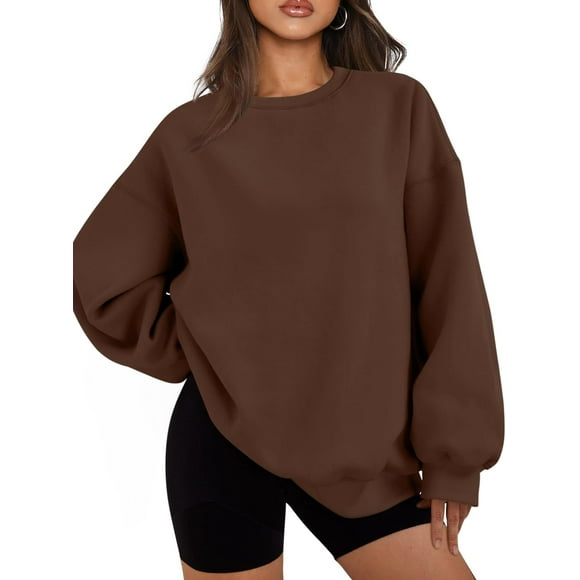 Sweat-shirt en Molleton Surdimensionné pour Femmes à Manches Longues Pull Col Rond Sweat-Shirt à Capuche Casual Marron Large