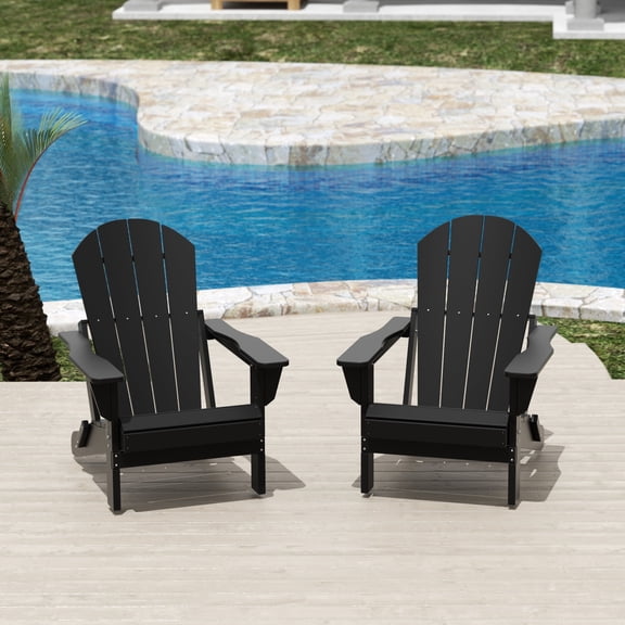FADINGFREE Outdoor Folding Adirondack Chair Set of 2, All-Weather & Space-Saving HDPE Chair for Patio, Poolside, Deck & Graden, Black