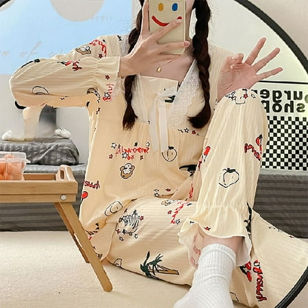 

PIKADINGNIS Womens Pajama Set Autumn Winter Lace Bow Sleepwear Women Pijamas Set Long Sleeve Sweet Leisure Girls Trousers Outwear Clothes