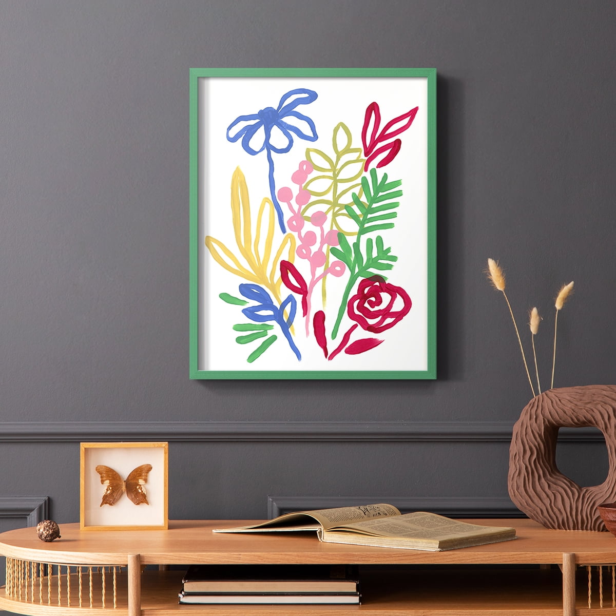 Bold Brushstroke Blooms I Framed Print in Green Solid Wood Framed Print No Nail Hanging