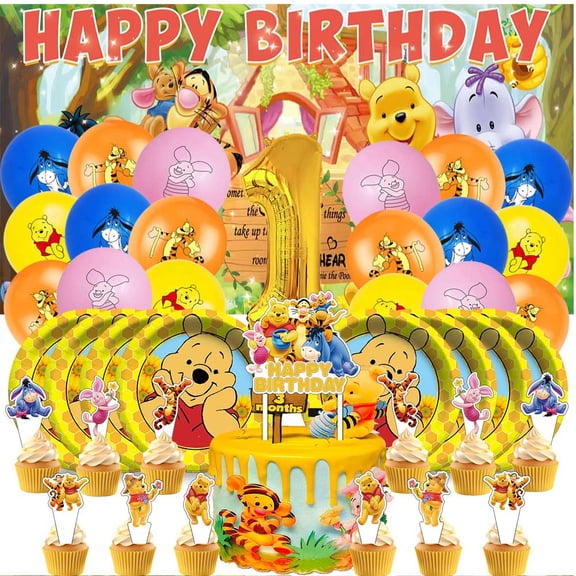 Winnie the pooh Balloons Party Supplies 1st Decor Tableware Birthday Cake Topper Decorations Banner Backdrop