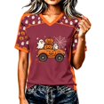 thumbnail image 2 of Women's V Neck Halloween Tops Short Sleeve Casual T-Shirts Funny Pumpkin Car Graphic Tees Flattering Blouses for Fall Holiday Party Everyday Activewear, 2 of 5